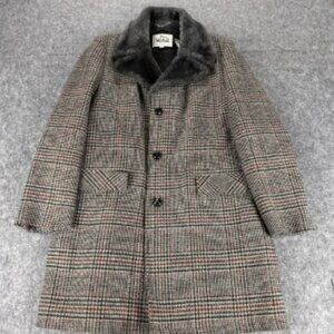Vintage Woolrich Coat Mens 44 Plaid Wool Blend Faux Fur Collar Button Warm 70s
